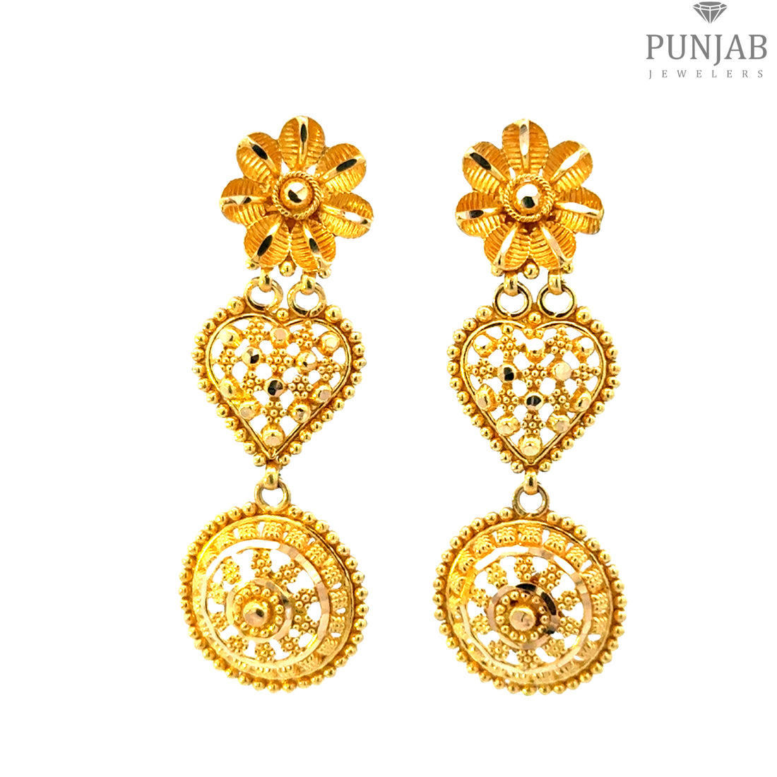 22K Yellow Gold Hanging Earrings with Floral and Heart Motifs