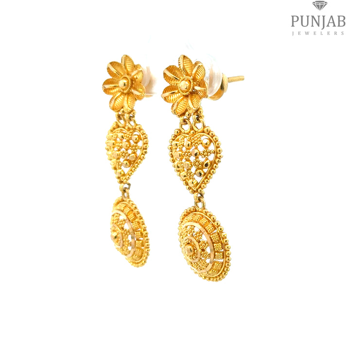 22K Yellow Gold Hanging Earrings with Floral and Heart Motifs