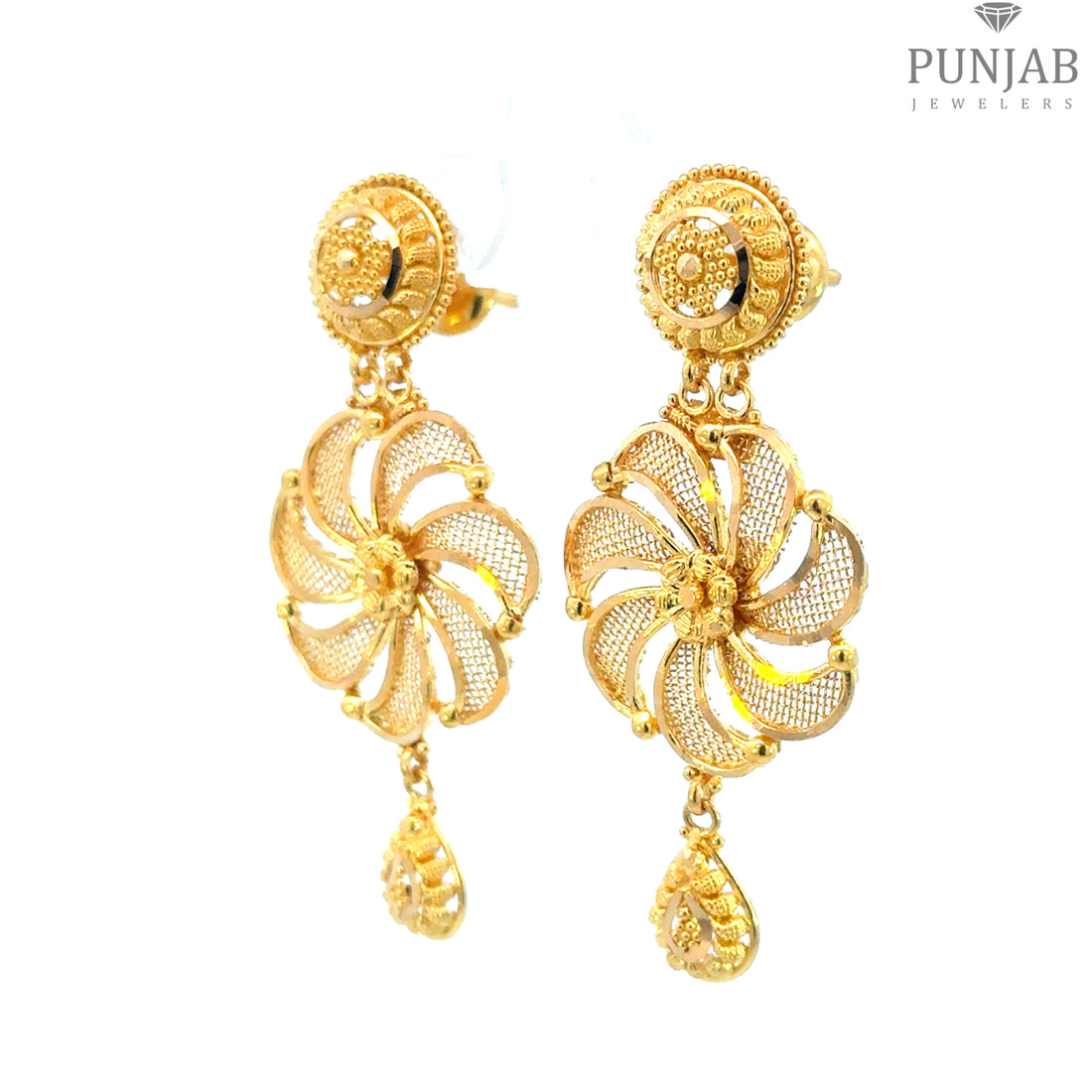 22K Yellow Gold Floral Hanging Earrings with Teardrop Charm