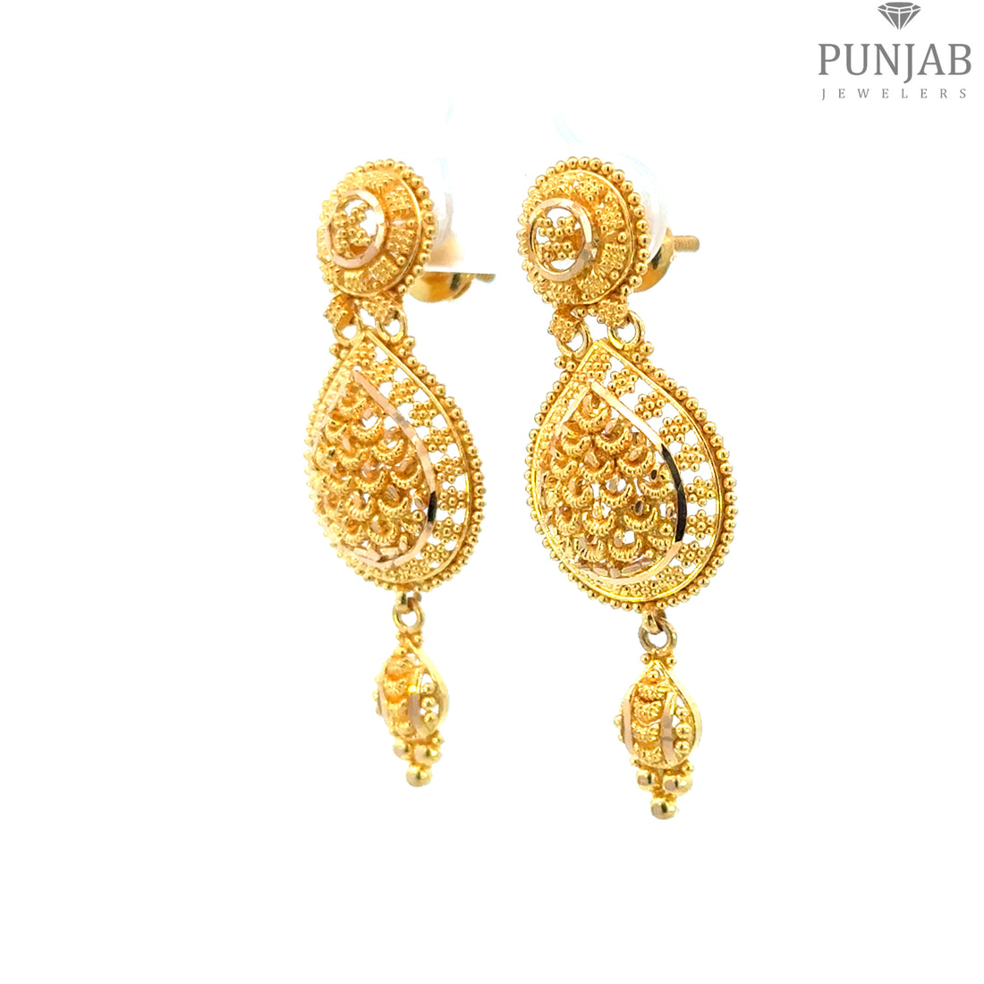 22K Yellow Gold Teardrop Hanging Earrings with Filigree Detailing and Charm