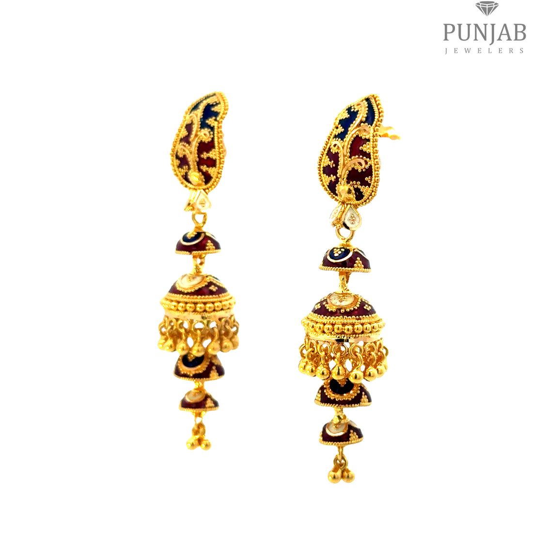 22K Yellow Gold Meenakari Hanging Earrings with Screw Back