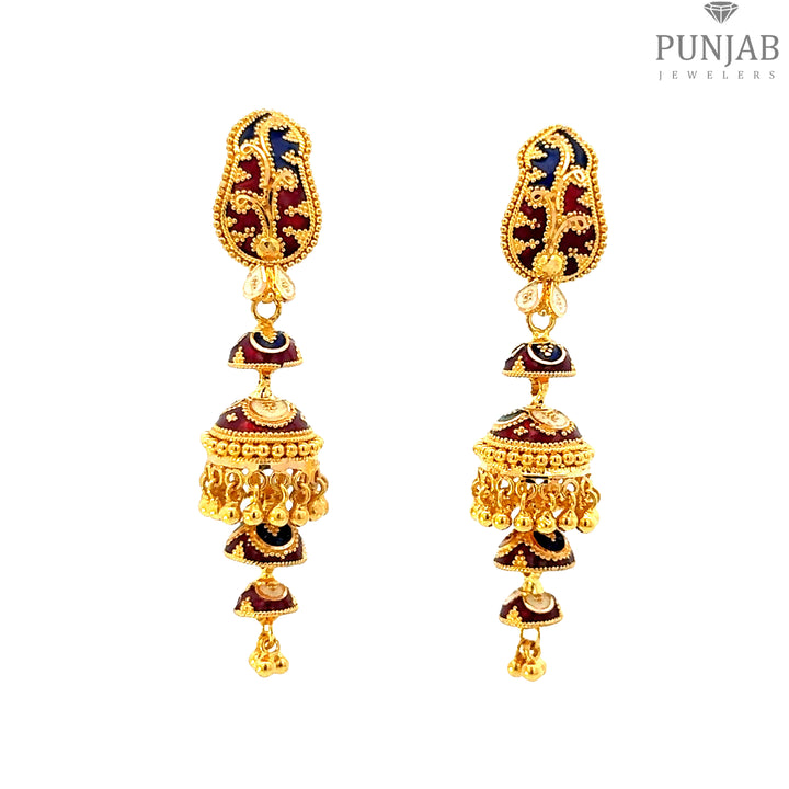 22K Yellow Gold Meenakari Hanging Earrings with Screw Back