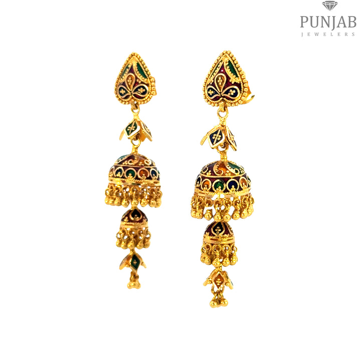 22K Yellow Gold Meenakari Hanging Earrings with Screw Back