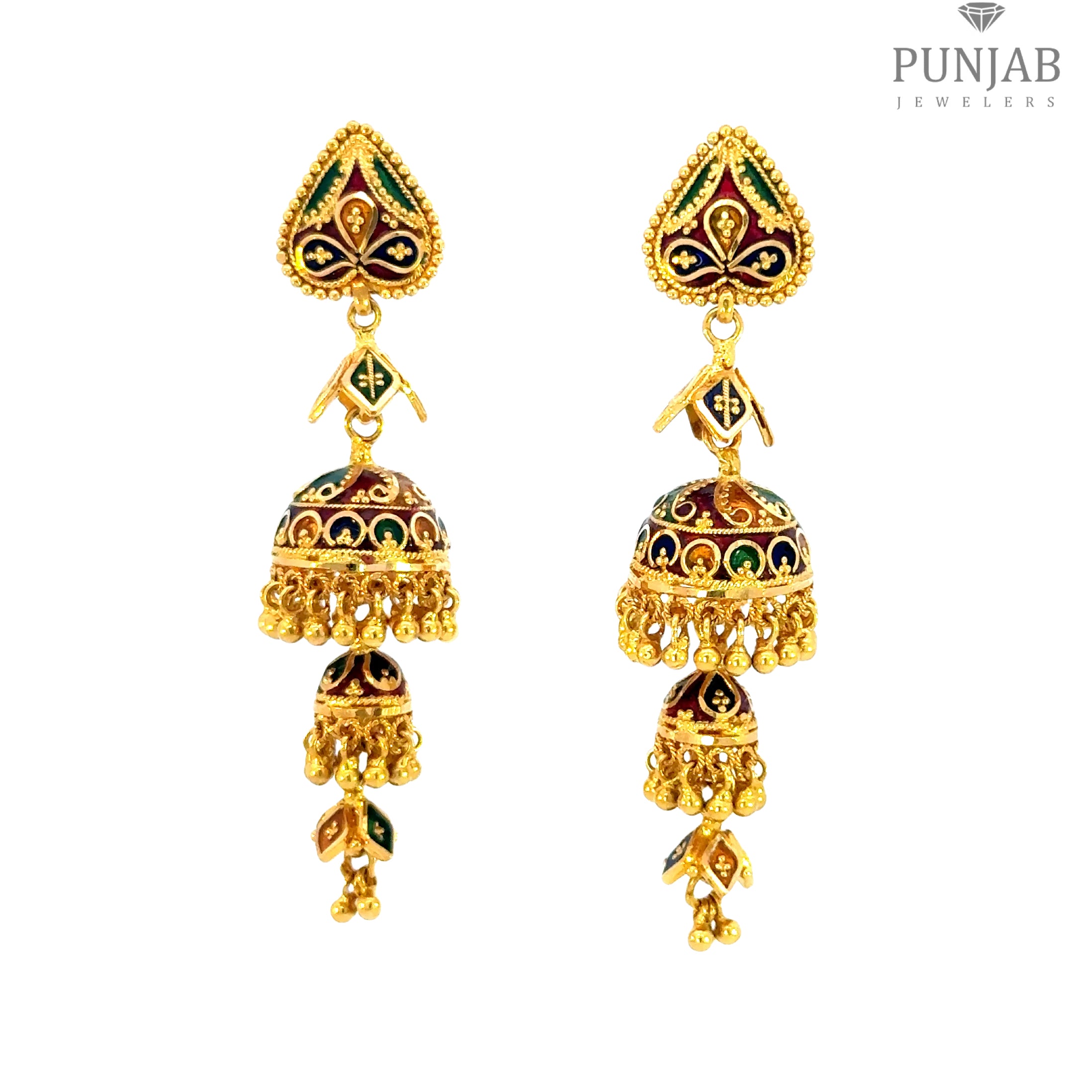 22K Yellow Gold Meenakari Hanging Earrings with Screw Back