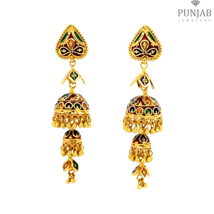 22K Yellow Gold Meenakari Hanging Earrings with Screw Back