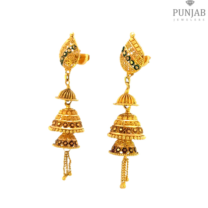 22K Yellow Gold Meenakari Hanging Earrings with Screw Back