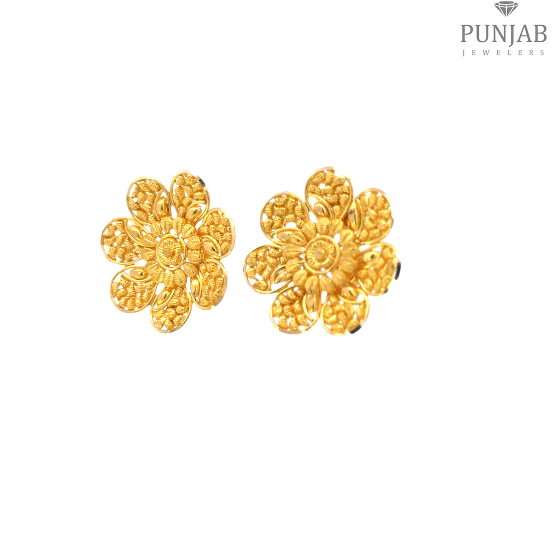 22K Yellow Gold Floral Stud Earrings with Screw Back