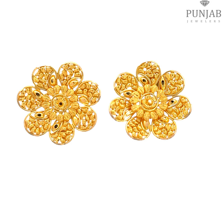 22K Yellow Gold Floral Stud Earrings with Screw Back