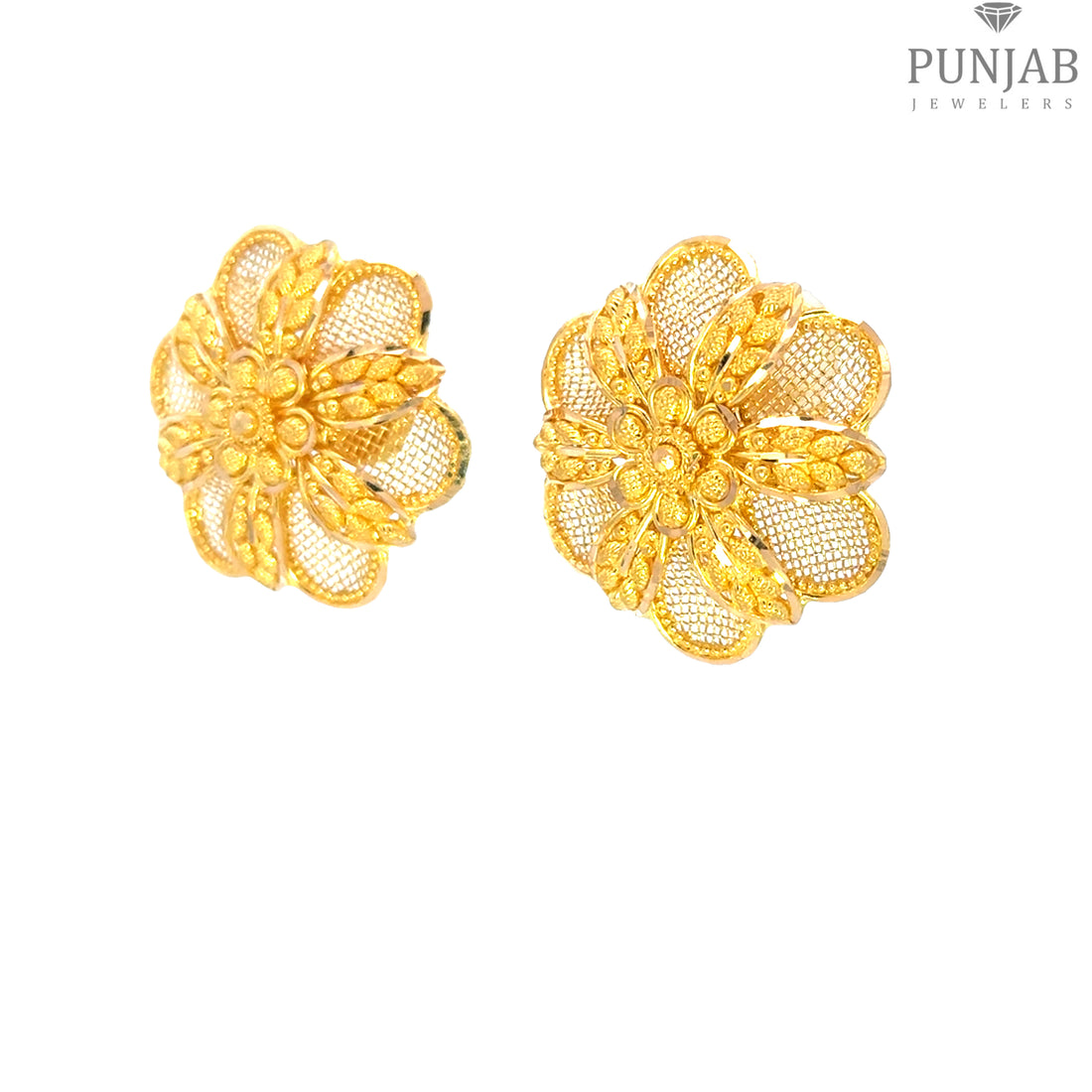 22K Yellow Gold Floral Stud Earrings with Screw Back