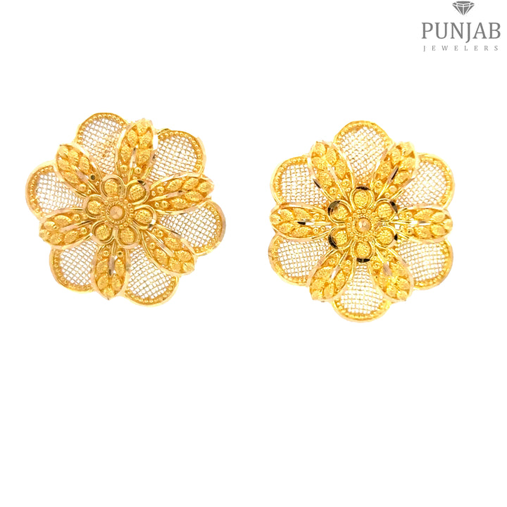 22K Yellow Gold Floral Stud Earrings with Screw Back