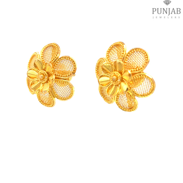 22K Yellow Gold Floral Stud Earrings with Screw Back