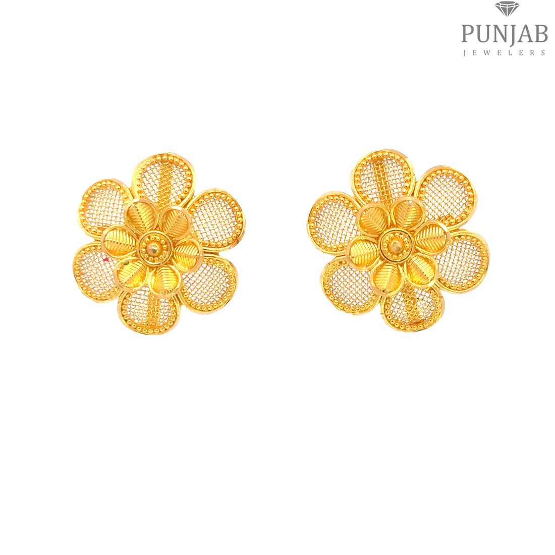 22K Yellow Gold Floral Stud Earrings with Screw Back