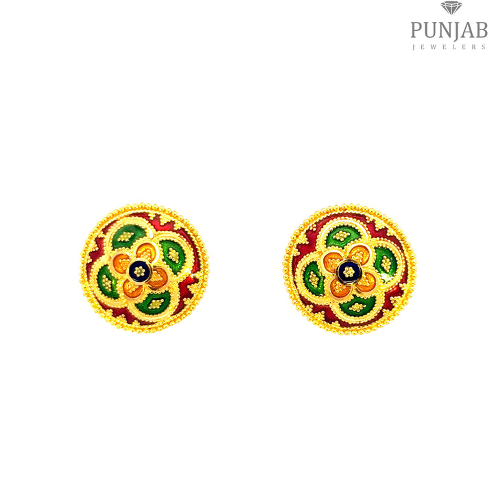 22K Yellow Gold Meenakari Stud Earrings with Screw Back