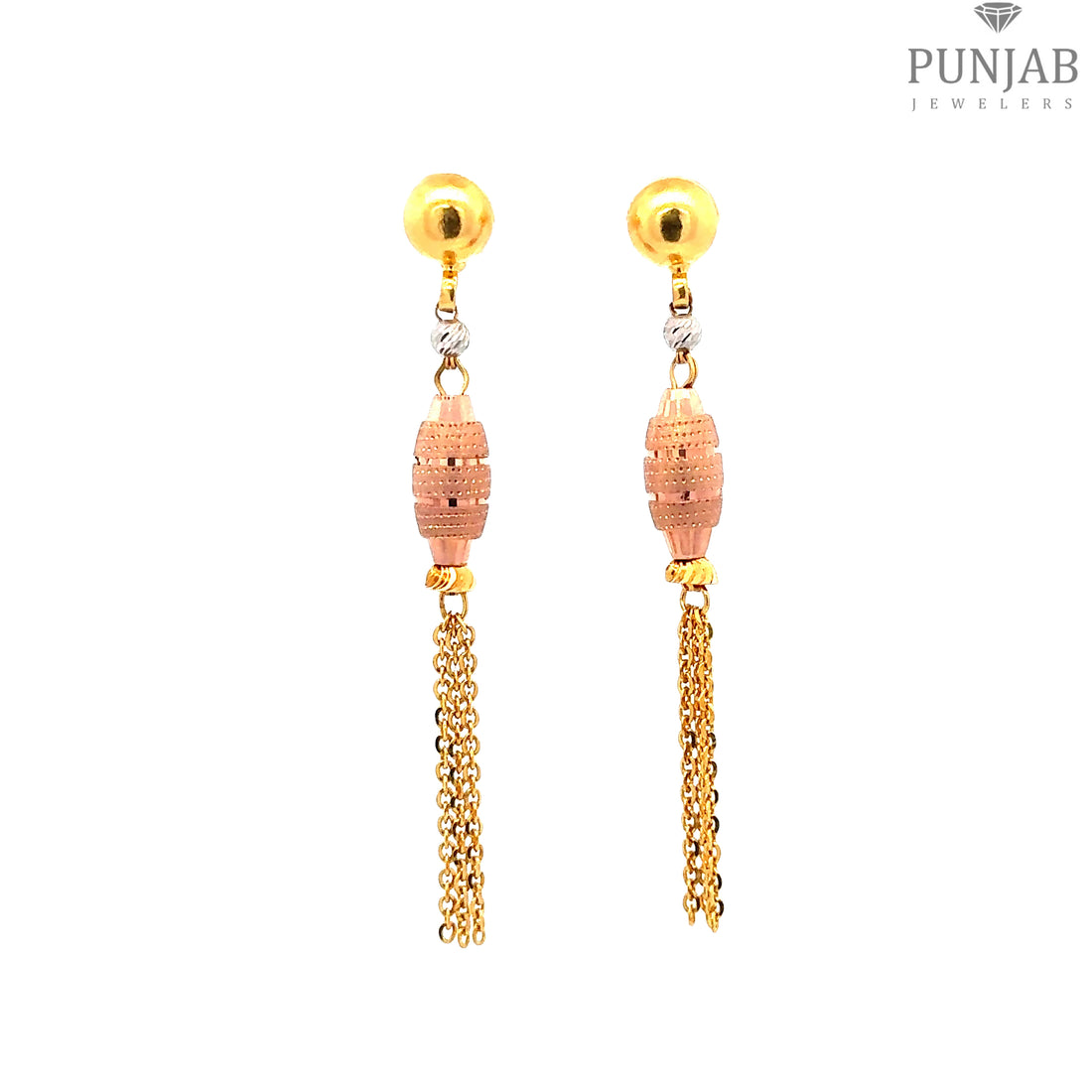 22K Multi-Tone Gold Hanging Earrings with Chain Tassel