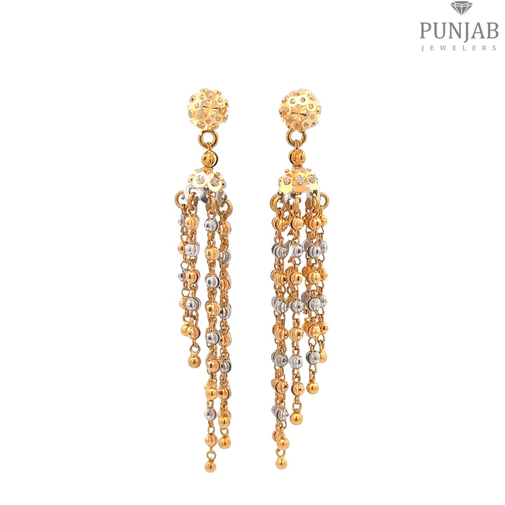 22K Multi-Tone Gold Hanging Earrings with Layered Bead Chains