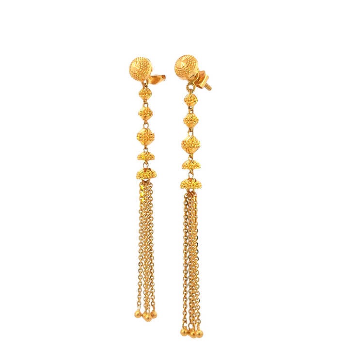 22K Yellow Gold Hanging Earrings with Detailed Beads and Chain Tassels