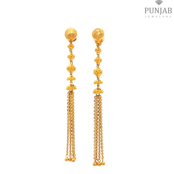 22K Yellow Gold Hanging Earrings with Detailed Beads and Chain Tassels