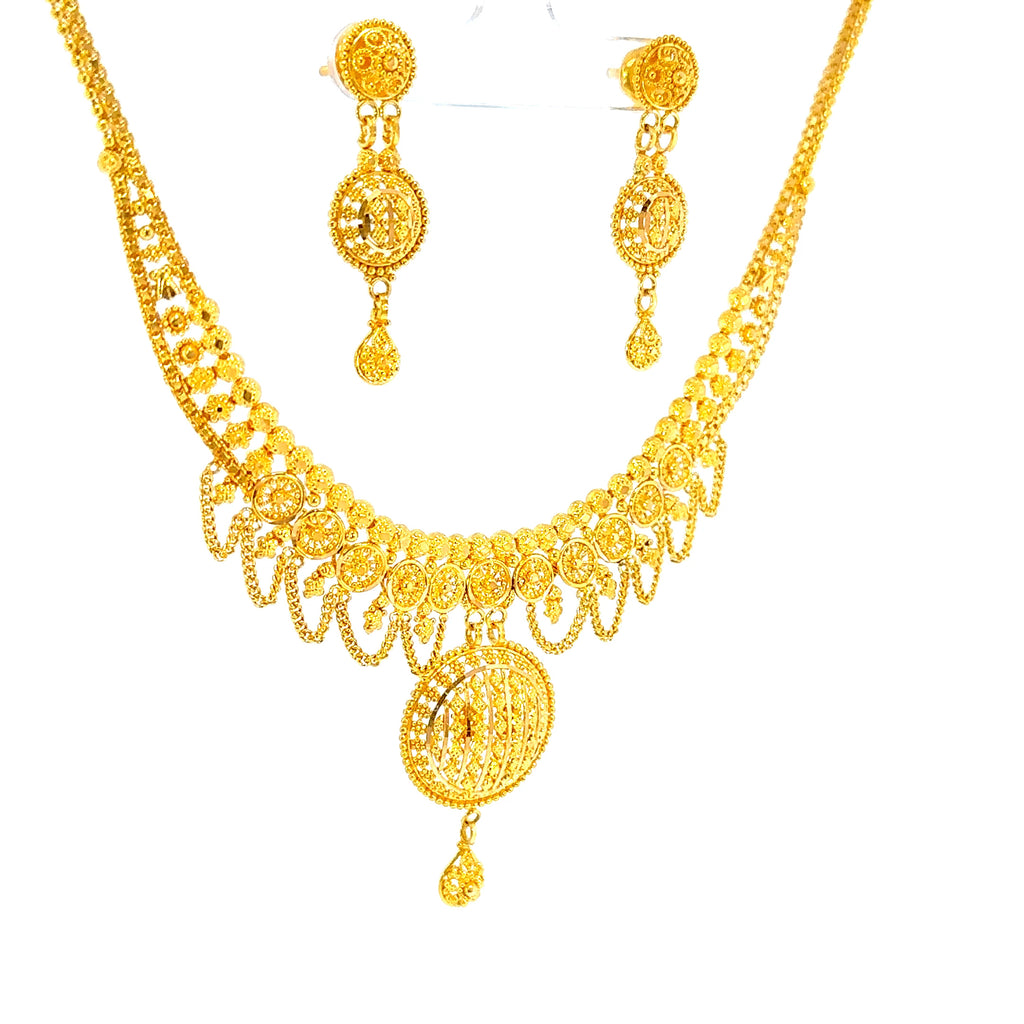 22K Minimalist Layered Yellow Gold Circle and Bar Pendant Necklace