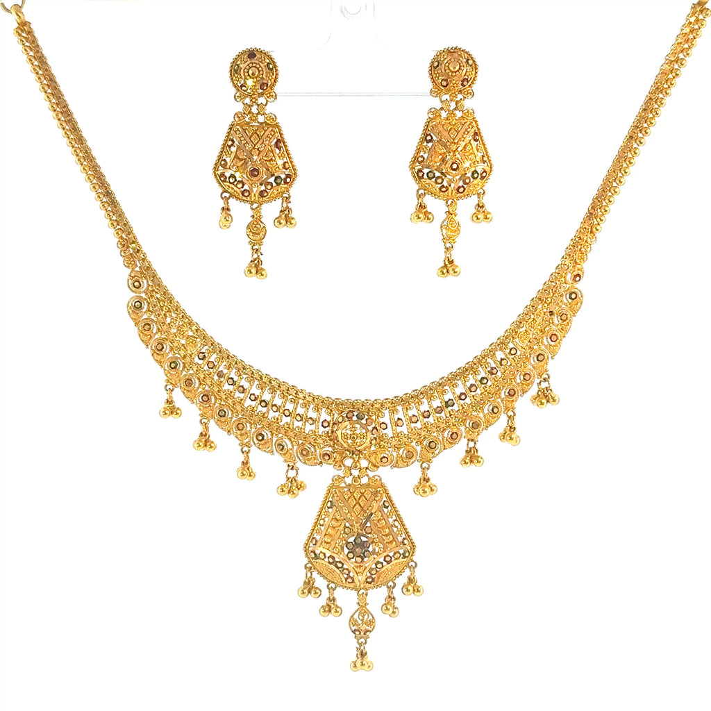 Double Layered Yellow Gold Bar and Bead Necklace