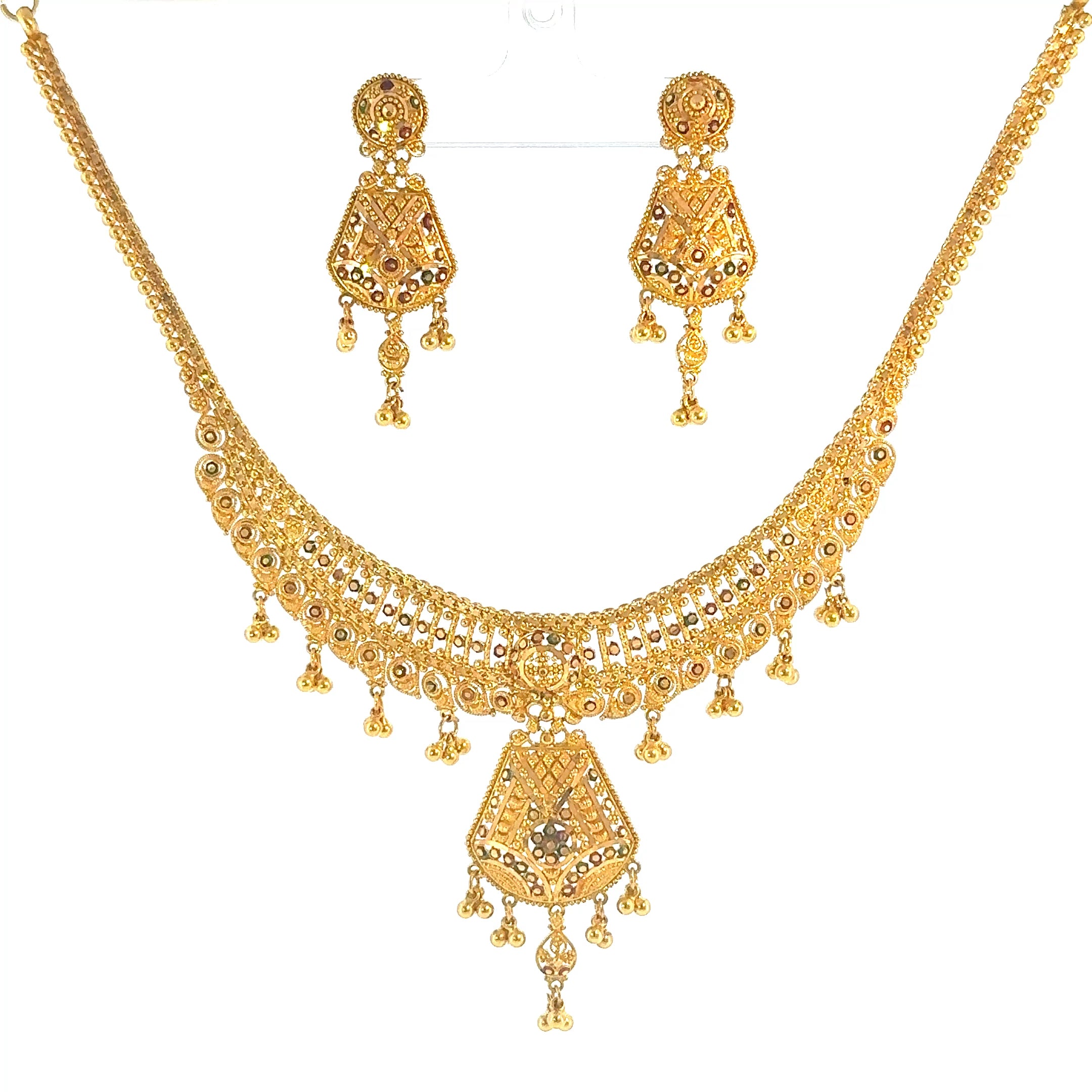 Double Layered Yellow Gold Bar and Bead Necklace