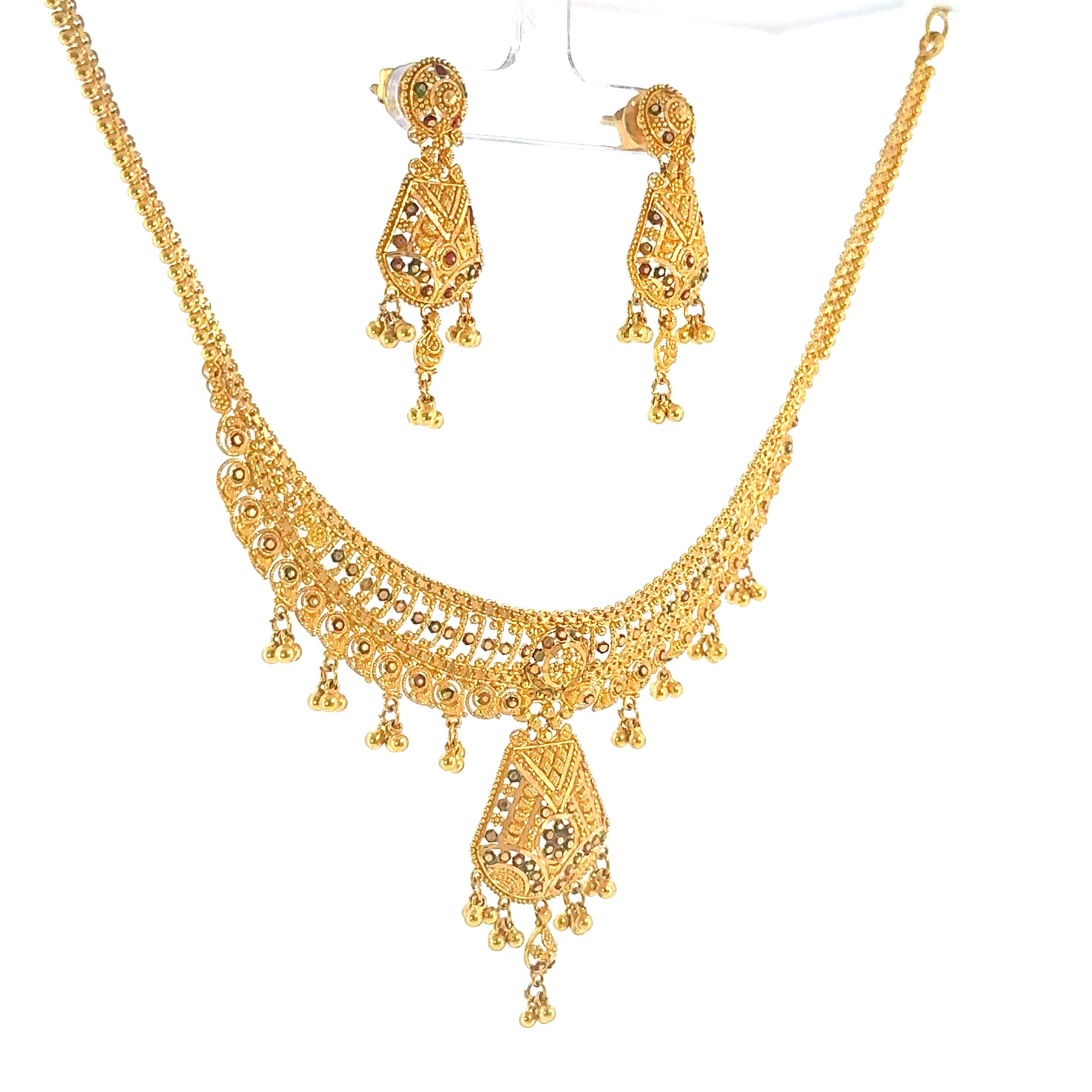 Double Layered Yellow Gold Bar and Bead Necklace