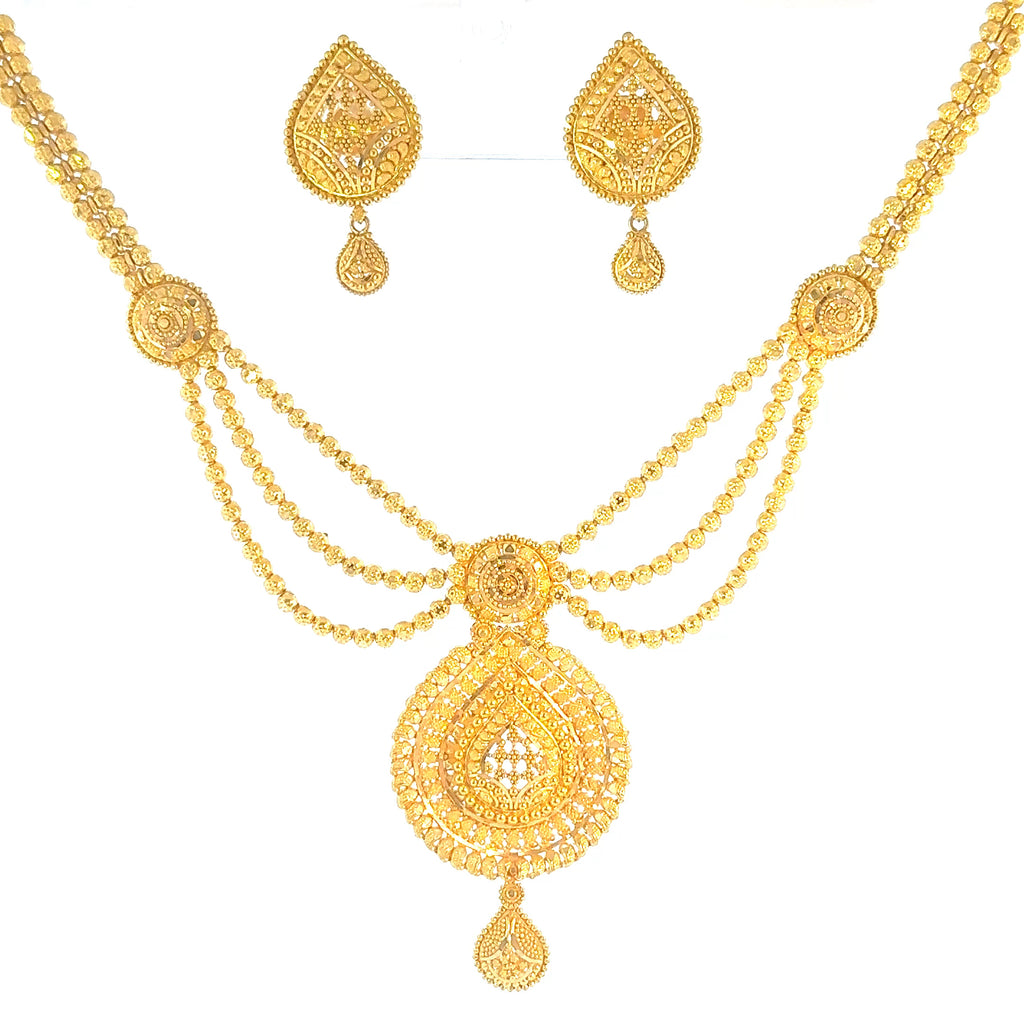 22K Double Layered Yellow Gold Herringbone and Cable Chain Necklace