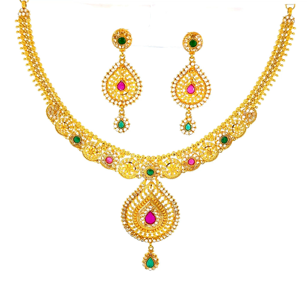 22K Layered Yellow Gold Pear-Shaped Ruby Cabochon Necklace