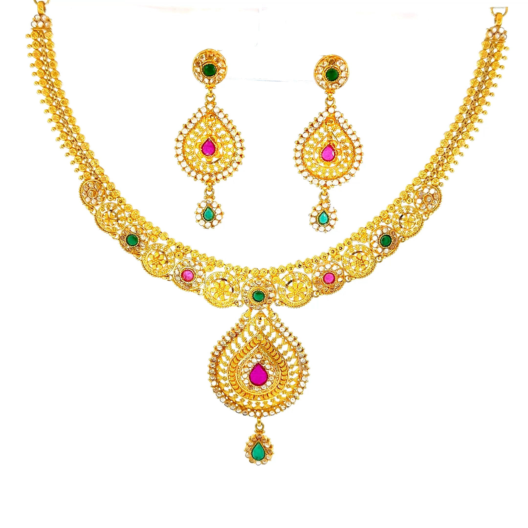 22K Layered Yellow Gold Pear-Shaped Ruby Cabochon Necklace