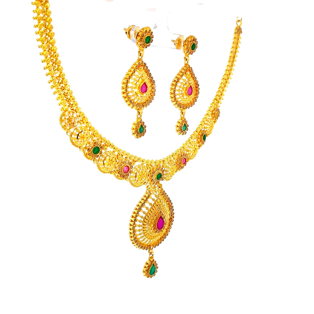 22K Layered Yellow Gold Pear-Shaped Ruby Cabochon Necklace