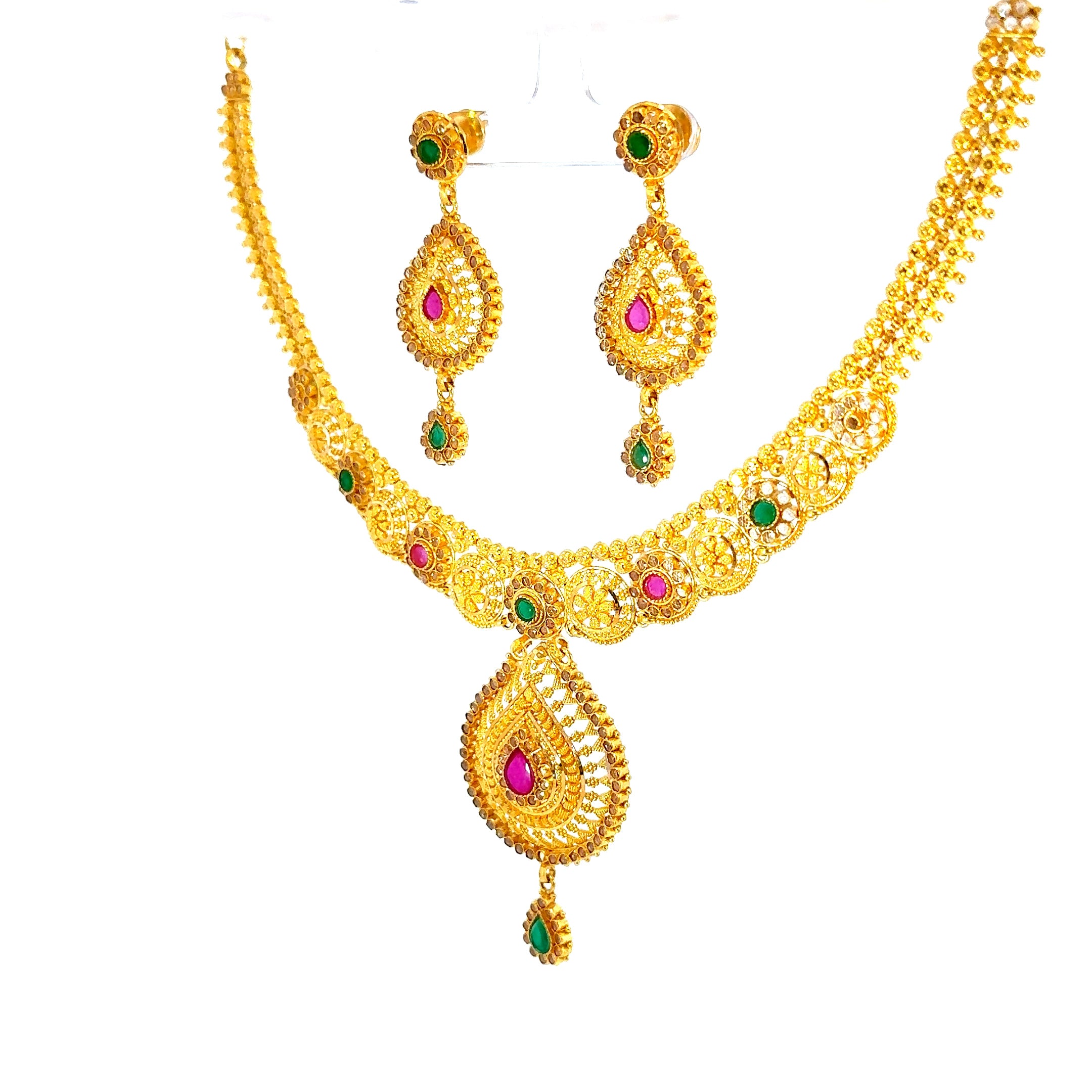 22K Layered Yellow Gold Pear-Shaped Ruby Cabochon Necklace