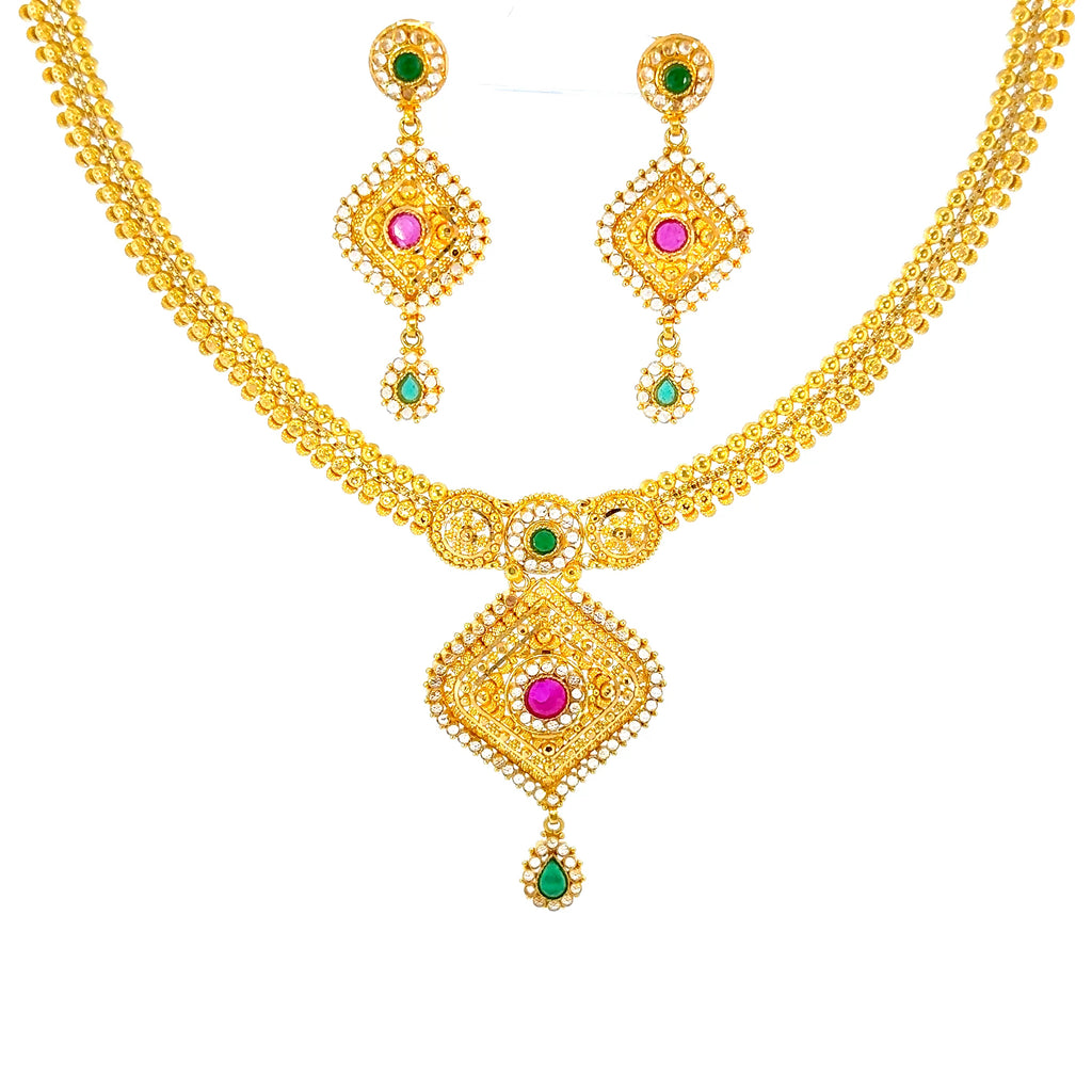 22K Layered Yellow Gold Ruby Cabochon Double Strand Necklace