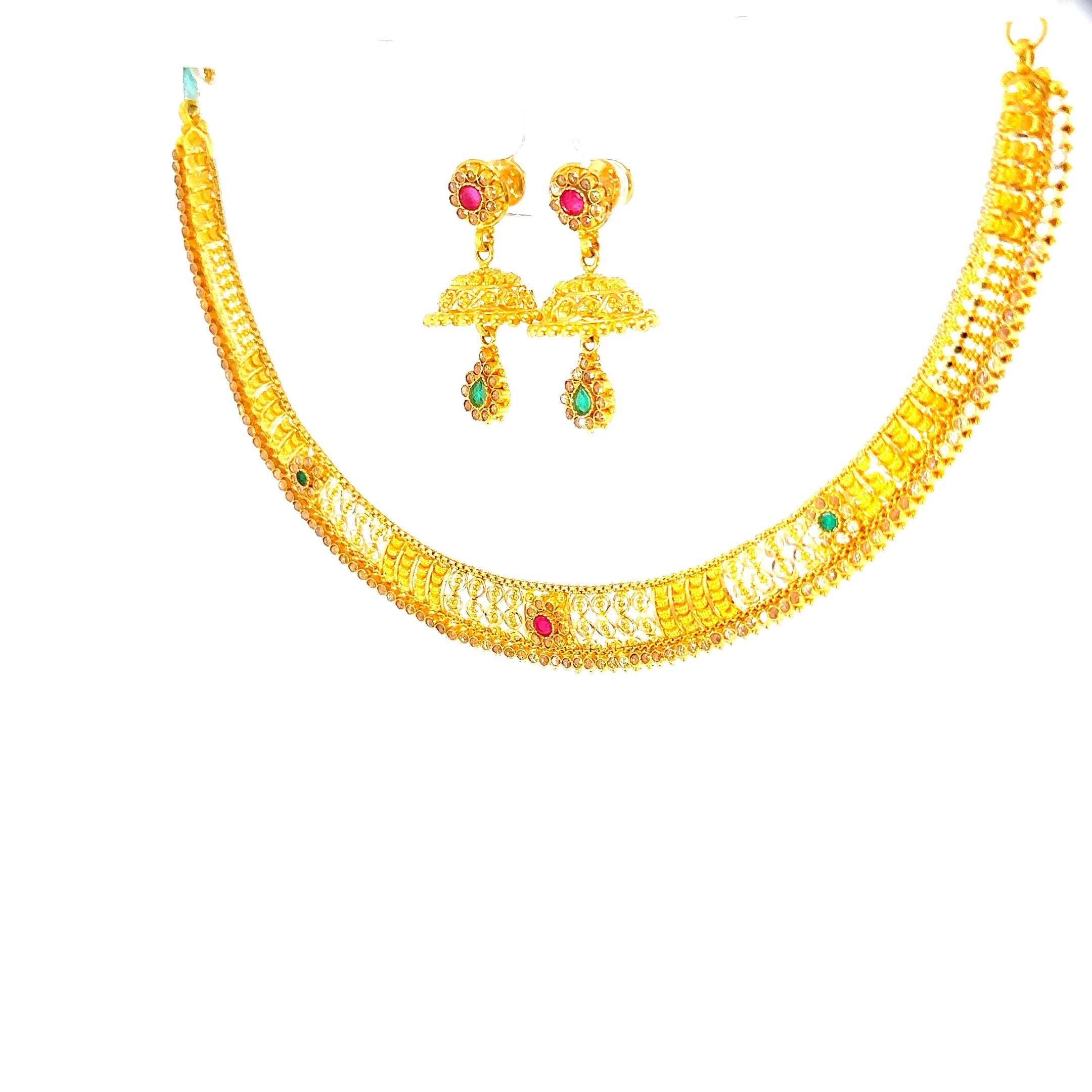 22K Elegant Yellow Gold Choker Necklace with Round Cabochon Red Rubies