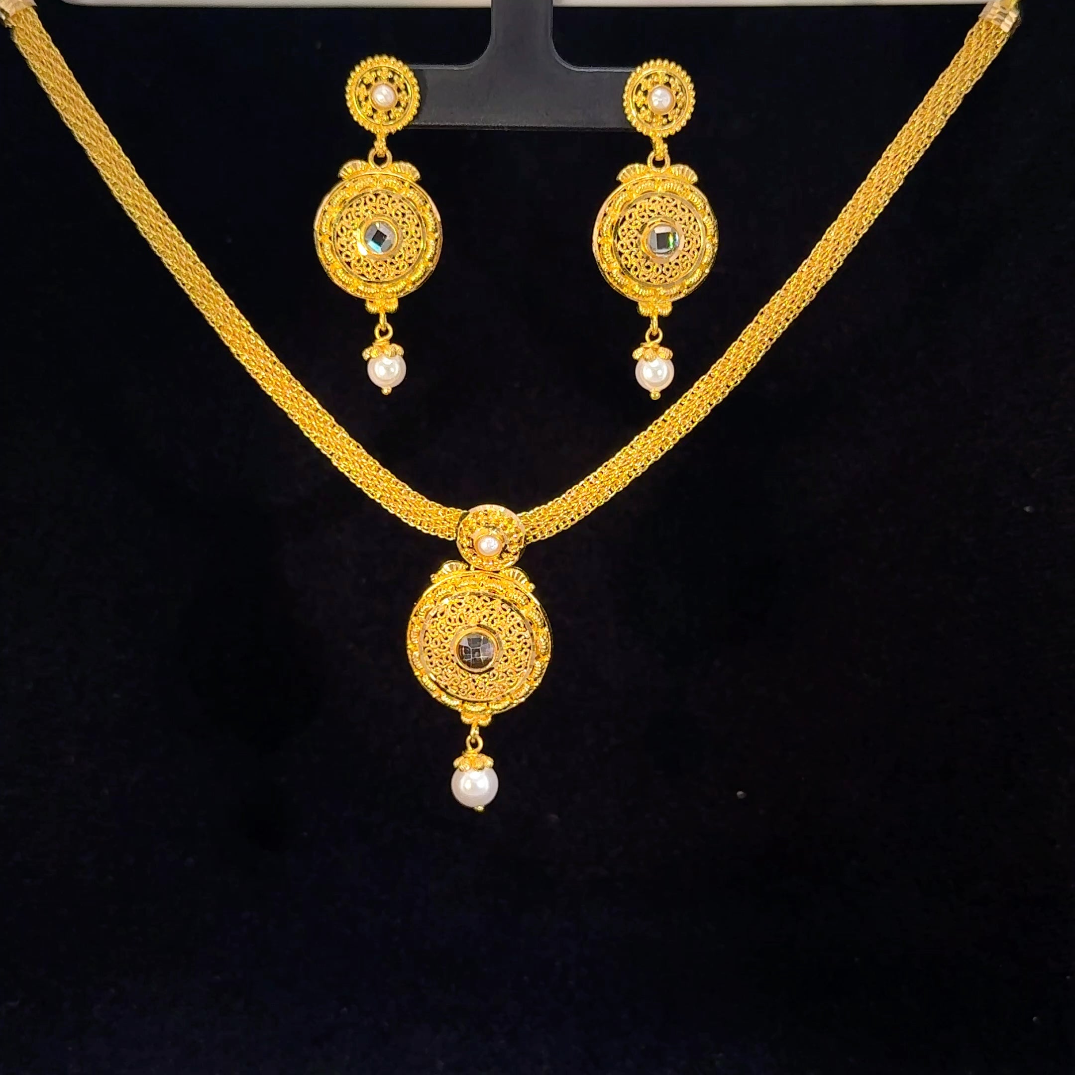 22K Yellow Gold Pearl & Gemstone Necklace Set | Elegant Dual-Stone Design