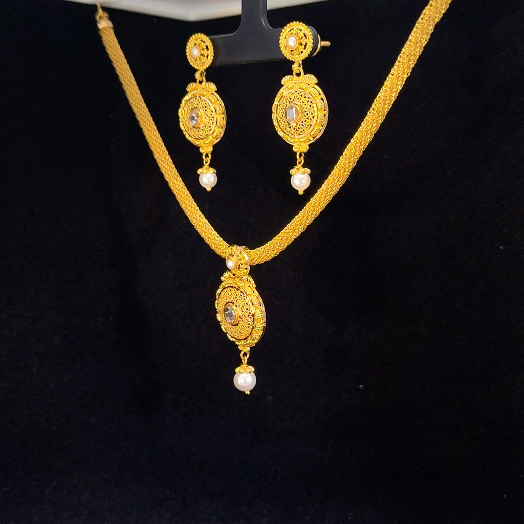 22K Yellow Gold Pearl & Gemstone Necklace Set | Elegant Dual-Stone Design