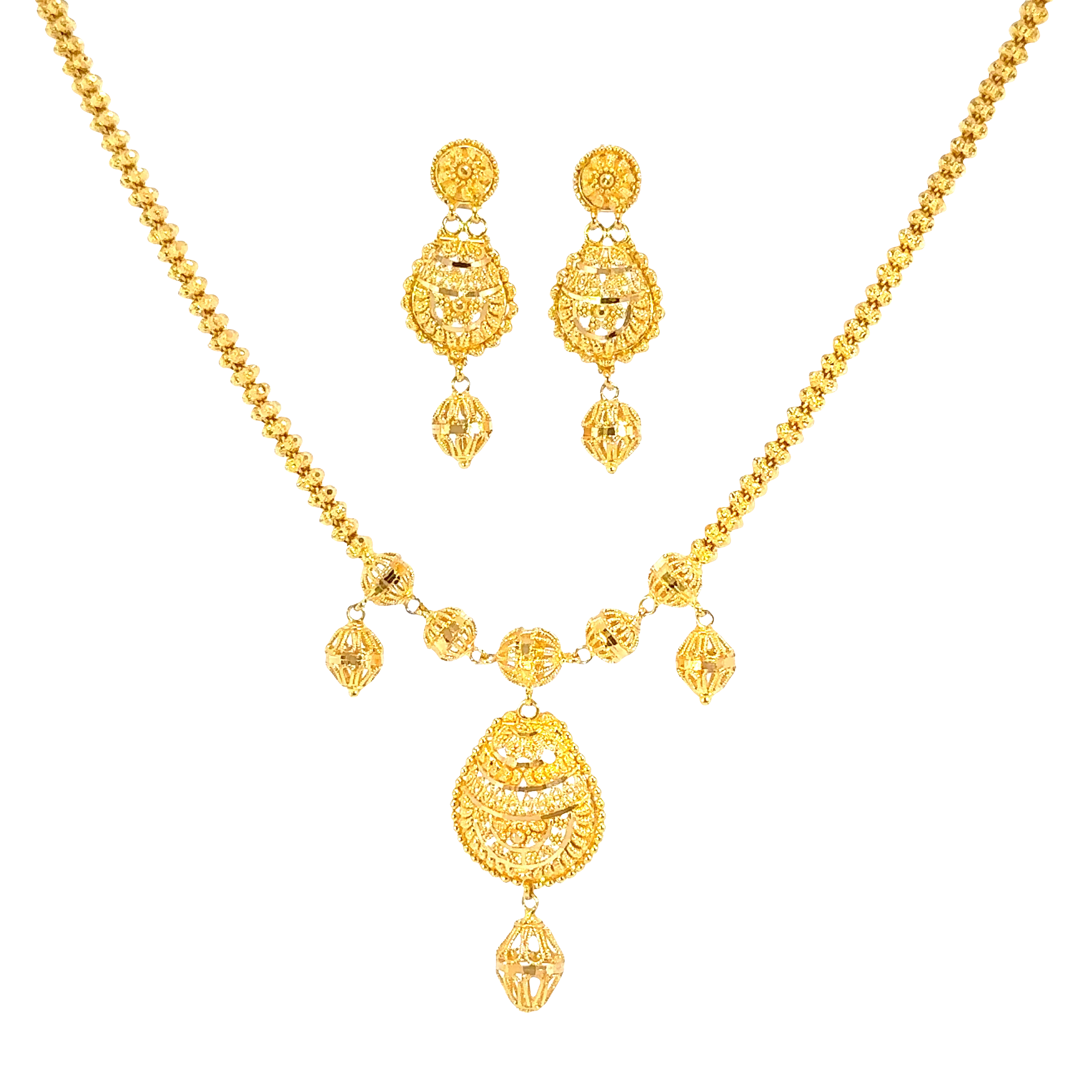 22K Classic Yellow Gold Spherical Charm Necklace with Polished Cable Chain