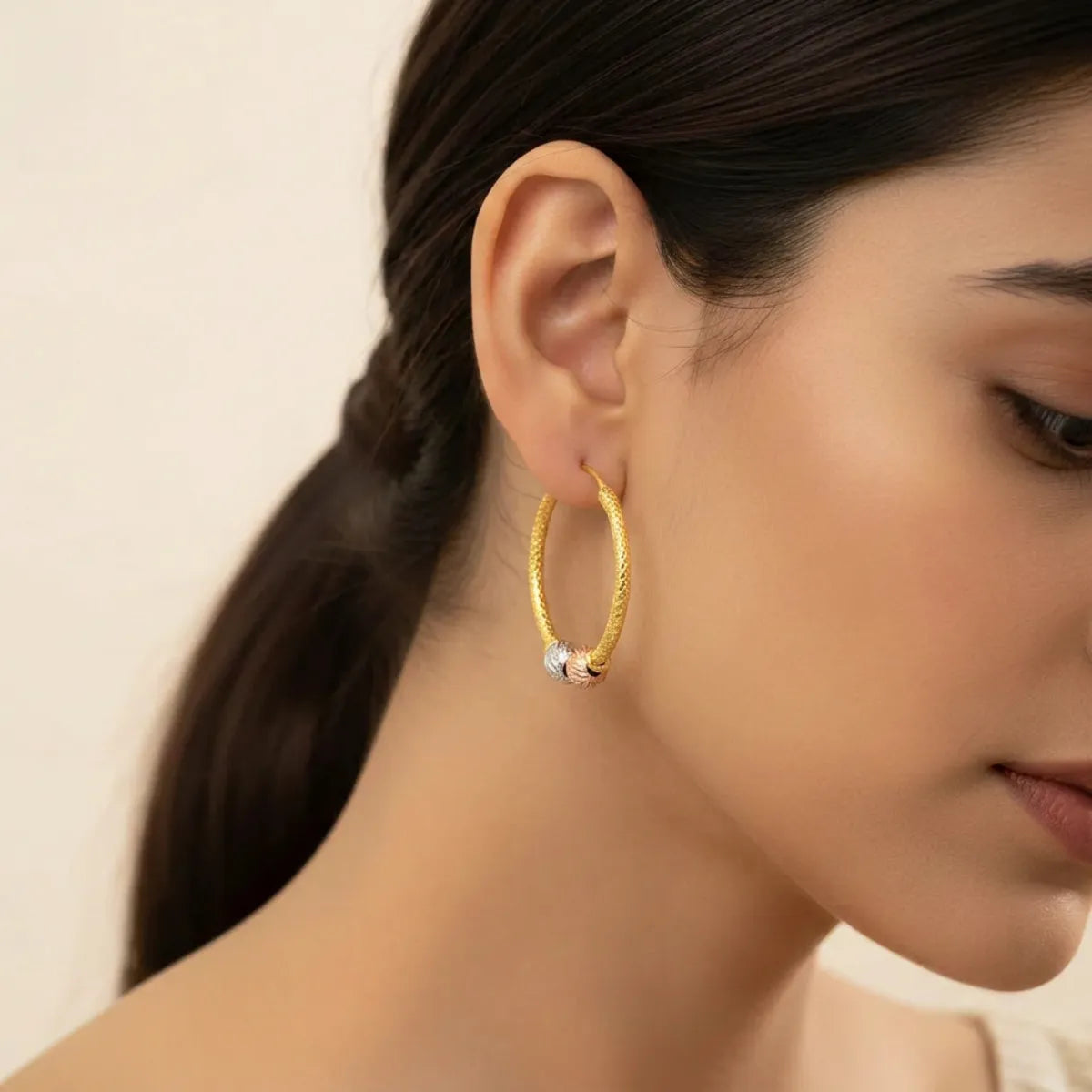 22K Tri-Color Gold Hoop Earrings – Yellow, White &amp; Rose Gold