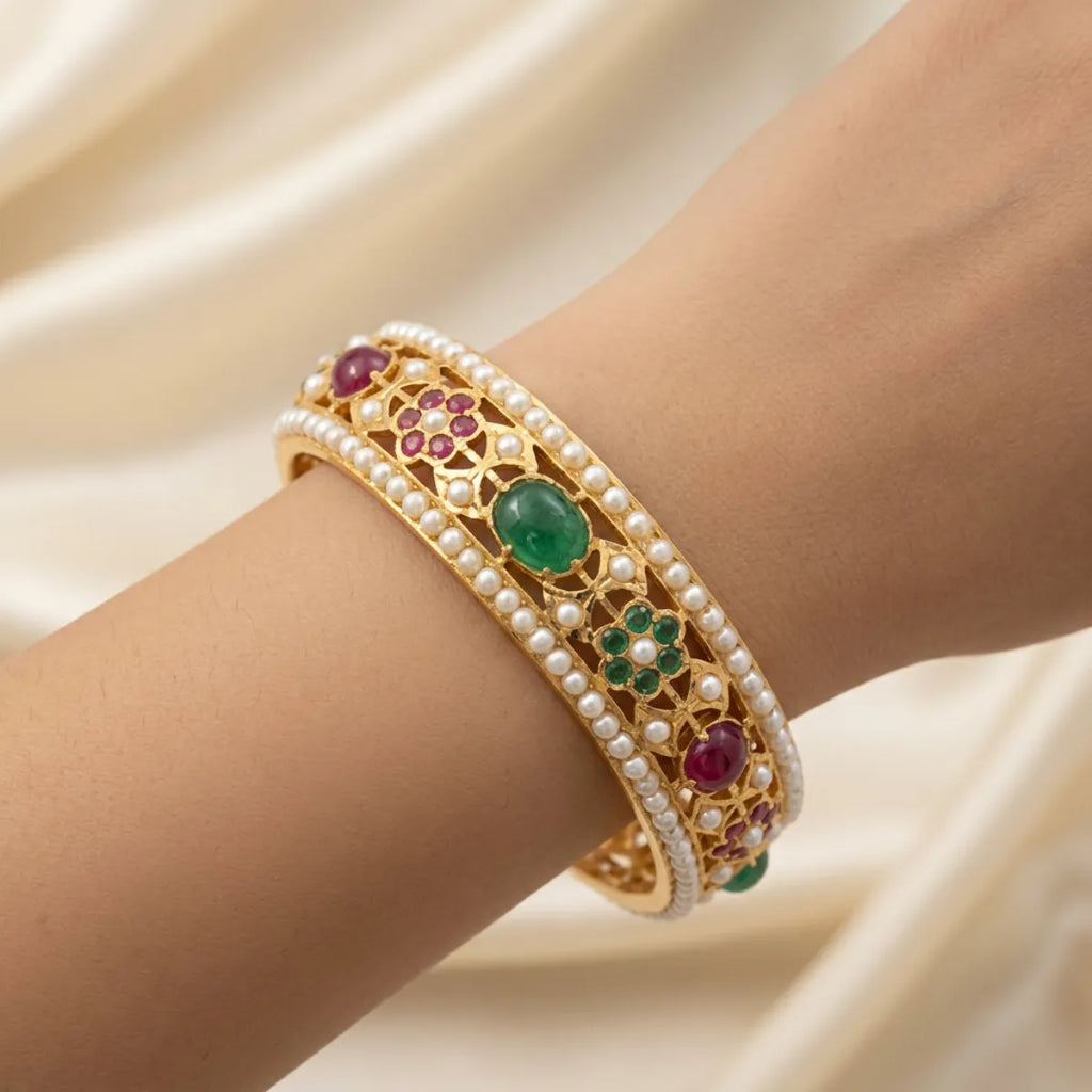 22K Yellow Gold Screw Bangle Set with Pearls, Rubies, and Emeralds (2 Pcs)