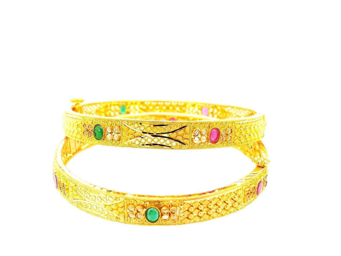22K Yellow Gold Bangles with Colored Stones & Cubic Zirconia – 36g (Set of 2
