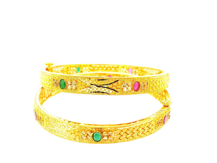 22K Yellow Gold Bangles with Colored Stones & Cubic Zirconia – 36g (Set of 2