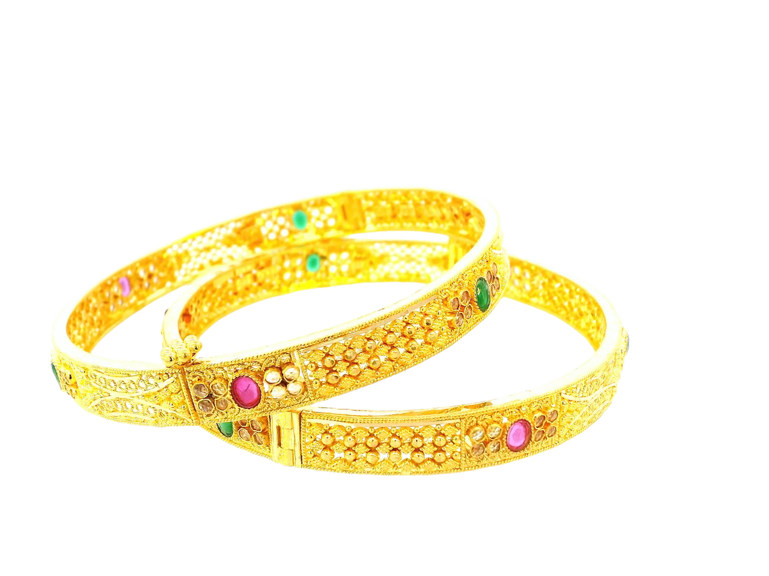 22K Yellow Gold Bangles with Colored Stones & Cubic Zirconia – 36g (Set of 2