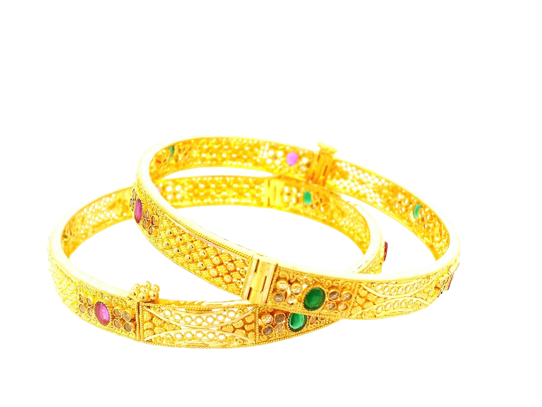 22K Yellow Gold Bangles with Colored Stones & Cubic Zirconia – 36g (Set of 2