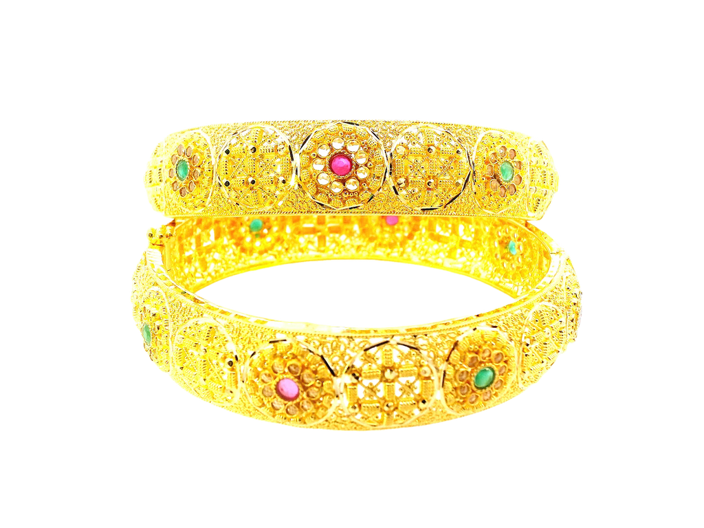22K Yellow Gold Bangles with Colored Stones & Cubic Zirconia – 58.8g (Set of 2)