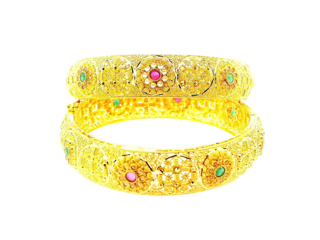 22K Yellow Gold Bangles with Colored Stones & Cubic Zirconia – 58.8g (Set of 2)