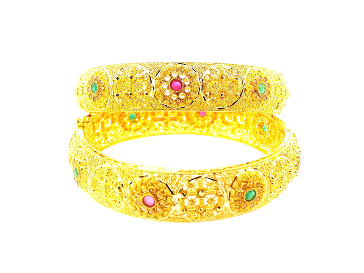 22K Yellow Gold Bangles with Colored Stones & Cubic Zirconia – 58.8g (Set of 2)