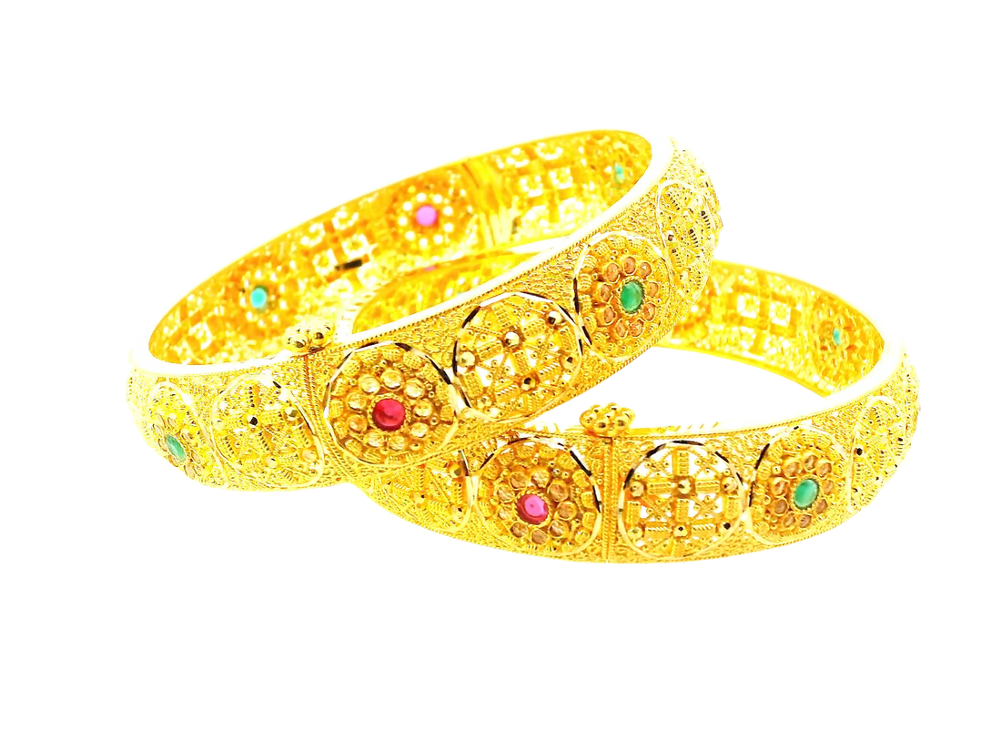 22K Yellow Gold Bangles with Colored Stones & Cubic Zirconia – 58.8g (Set of 2)