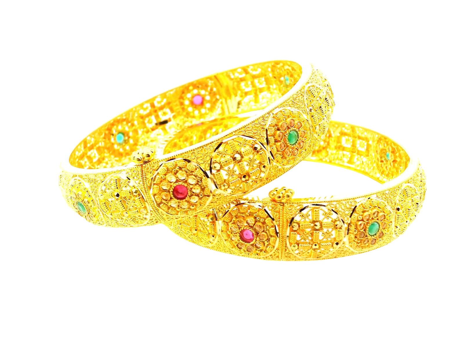 22K Yellow Gold Bangles with Colored Stones & Cubic Zirconia – 58.8g (Set of 2)