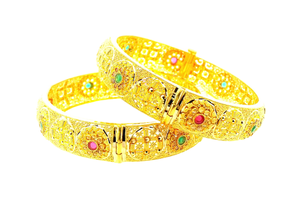 22K Yellow Gold Bangles with Colored Stones & Cubic Zirconia – 58.8g (Set of 2)