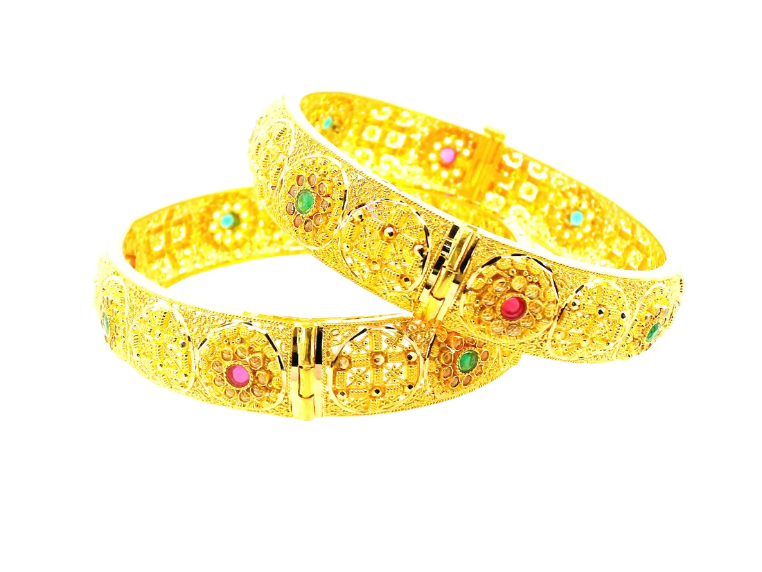 22K Yellow Gold Bangles with Colored Stones & Cubic Zirconia – 58.8g (Set of 2)