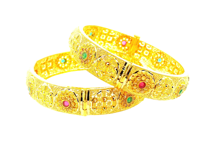 22K Yellow Gold Bangles with Colored Stones & Cubic Zirconia – 58.8g (Set of 2)