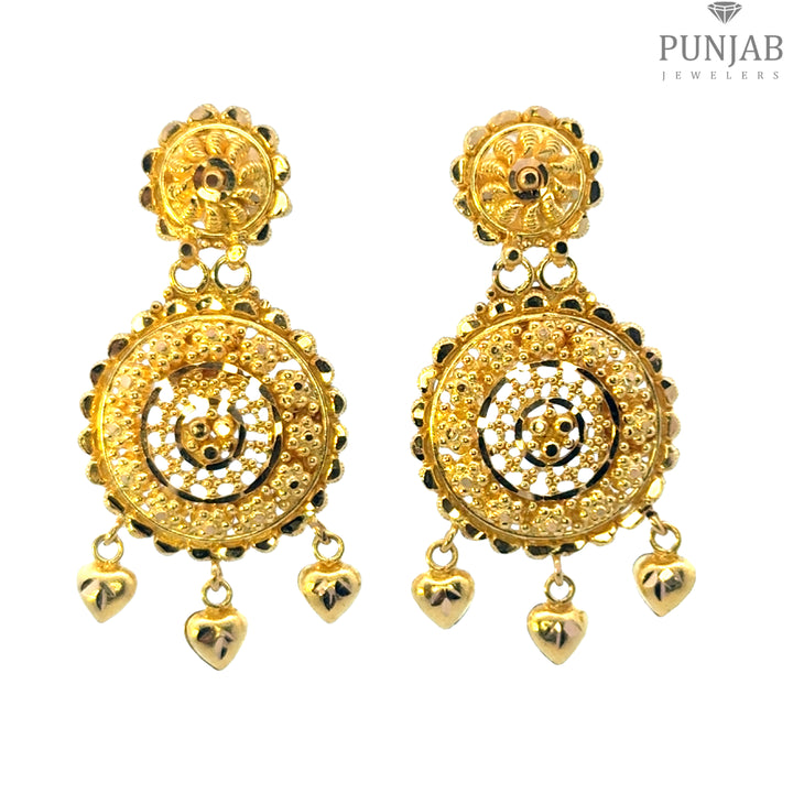 22K Yellow Gold Hanging Earrings with Circular Motif and Heart Charms